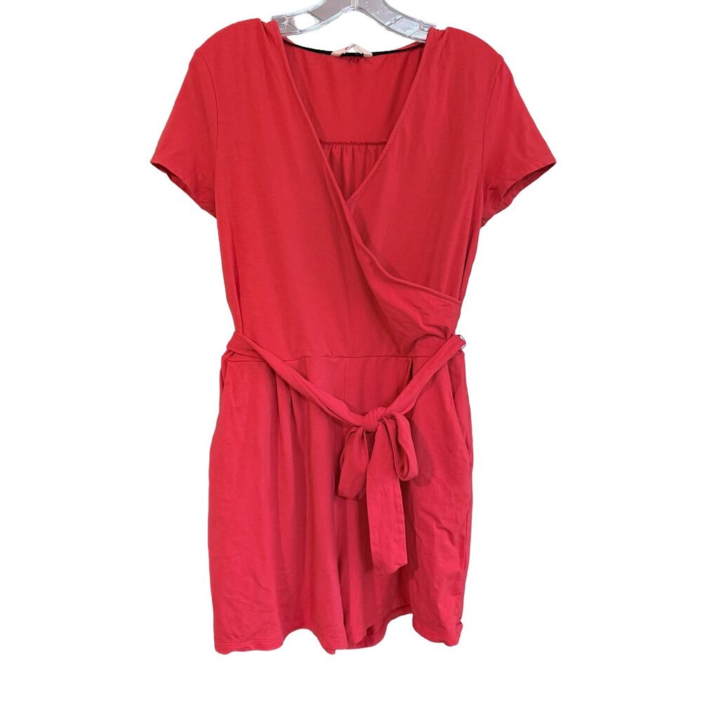 Boden Red Faux Wrap Romper Size 10 Short Sleeve Tie Waist Jersey Knit